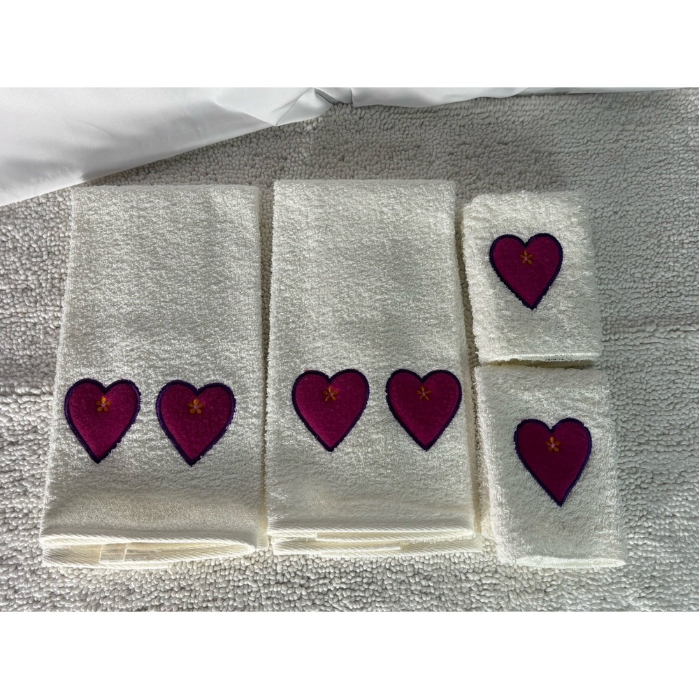 NEW 4-Piece White & Purple Heart Embroidered‎ 100% Cotton Towel Set Made in USA